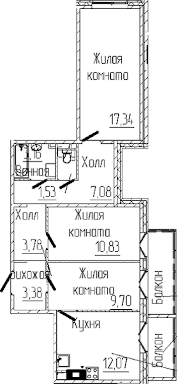 3-комнатная квартира 71.24 м², 2/6 эт., ЖК «SERTOLOVO PARK»